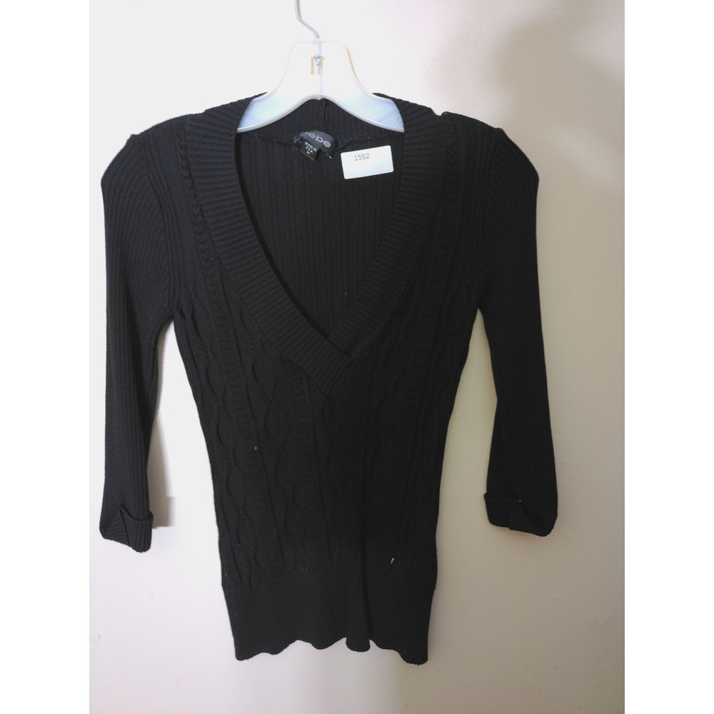 Bebe Cable Knit Sweater Women M Black V-Neck Ribbed Slim Fit Cuffed Sleeve